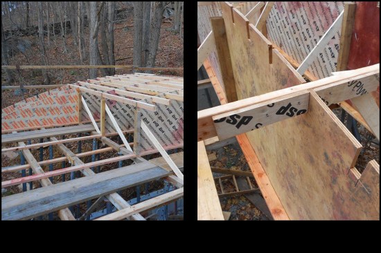 The black-belt-level formwork then began. The Hobbit Hollow crew cut a series of arch-shaped “ribs” out of plywood and laid them out upright on the flat deck. 2x4 purlins (run perpendicular to the ribs) were inserted into slots cut into the plywood on roughly 12-inch centers (photo, left). The templates were plumbed and held in place at their centers with plywood cleats (photo, right).