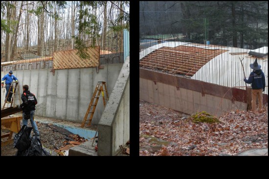At the wall-to-arched-roof-slab intersection, a short 16-inch-wide wall (with a shear key) was monolithically poured along the roof slab. Here, the ends of the short “wall” are starting to be formed (photo, left). A wizard checks the work progress (photo, right).