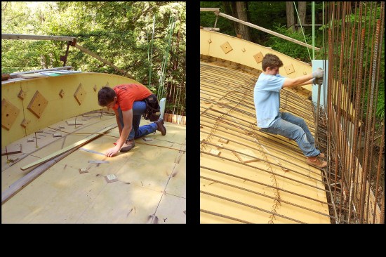 Terence lays out the decorative border details in the living room (photo, left). Friend, Zack, uses a rebar hickey tool to bend the bottom reinforcing grid’s rebar onto the curved forms (photo, right).