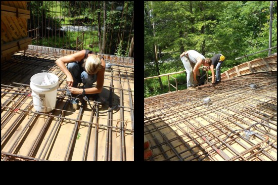 Jo Costigan wires up an octagonal box with poly-coated BX cable (photo, left). The box then gets sealed with a double layer of duct tape to prevent any reaction between the concrete and fixture. Here, Jo and Jude work on finishing up the roof’s reinforcing mat (photo, right).