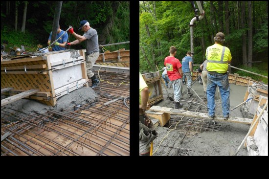 Family-friend (and expert concrete installer), Albert, and Ethan “choke the wall”, sealing the bottom of the skylight with the 5,000-psi concrete mix (photo, left). The mix needed to be poured in stages to prevent cold joints from occurring in the tapered slab’s (more structurally-critical) thicker portions. First, they poured both wall’s thickened edges (10 feet up the roof) along the length of the building, then poured the remaining center section (photo, right).