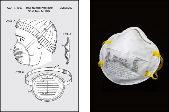 An early bra-like, PPE relative is the “cold weather face mask” shown here in a 1967 3M patent drawing (left). Formed from shaped resilient nonwoven hydrophobic fibrous fabric, it “encloses the nose and mouth and produces autogenous warm air breathing even when the ambient air temperature is as low as minus 70 F. No electrical or other heating device is used.” Today’s standard N95 respirator (right). The “N” designates it as “not oil resistant,” while the “95” denotes that it is rated to remove 95% of all particles that are at least 0.3 microns in diameter.