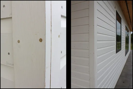 Boral 1-by outside corner trim were installed with stainless steel screws, 16‑inch-o.c. Auto-body filler was used to fill the nail holes (photo left). The Dutch lap siding was nailed off 14 inches o.c. along snapped lines (photo right).