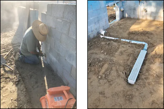 Figure 2. A worker preps the interior of a CMU wall to accept a layer of rigid foam by grinding off mortar drops and other irregularities (left). Installing drains prior to placing the vapor barrier and pouring the slab helps avoid trapping water underneath the house (right).