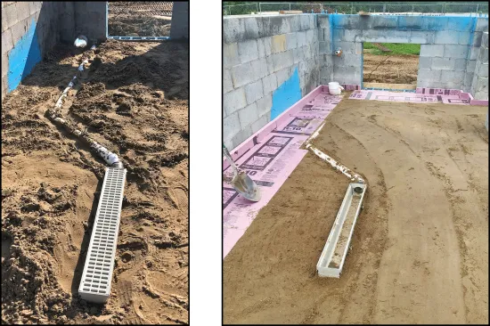 Figure 5. The linear drains are roughed in (left) and the perimeter foam is installed, the sand base is raked smooth in preparation for the vapor barrier underneath the slab (right).