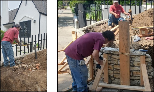 At the street-adjacent curved section of wall, a steel anchor post was driven into undisturbed soil (left). A come-along attached to the steel anchor and a 4-by wall brace pulled the wall back to plumb. Workers reset the 2x4 angled bracing after plumbing up the wall (right).