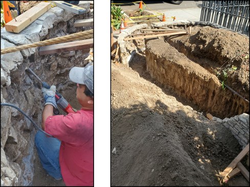 After the wall was power washed, loose stone was chipped away as needed with rotary hammer drill (left). Portland cement mortar used to rebuild in the 1970s was often stronger than the stone itself, making dismantling and reassembling the wall difficult. The stones were removed from the collapsed middle third of the wall and set aside (right).