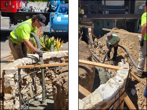 After the rebar was placed, the footing was poured using 3,000-psi pea-gravel concrete (left, right).