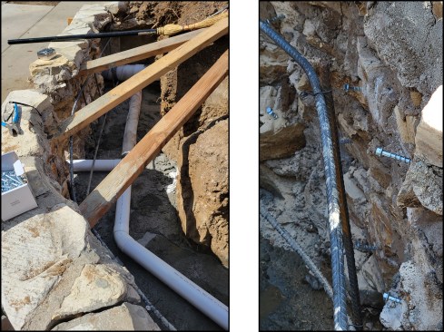 Horizontal wall rebar was installed, and perforated drainage piping was dry-fit (left). Hex-head concrete screws set into the stones help bond the new concrete to the stone (right).