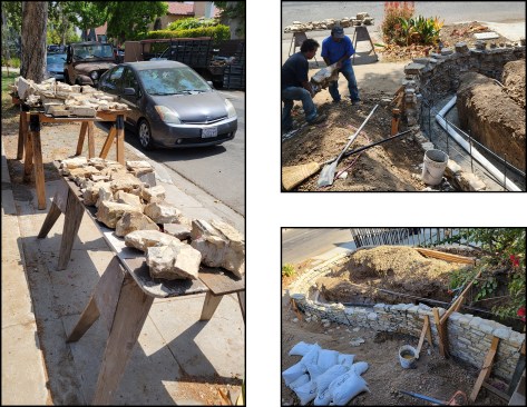The collapsed middle portion of the wall was rebuilt using salvaged and new stone. Here, salvaged conglomerations of stone and mortar are organized on work tables (left) and puzzled back together (top and bottom right).
