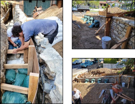 Sheets of 1/4-inch-thick Masonite, 2x4 horizontal blocks, and sandbags were used as wall forms on the shorter curved wall sections (left). Sandbags were also deployed on the exterior side of the rebuilt middle wall section (right).