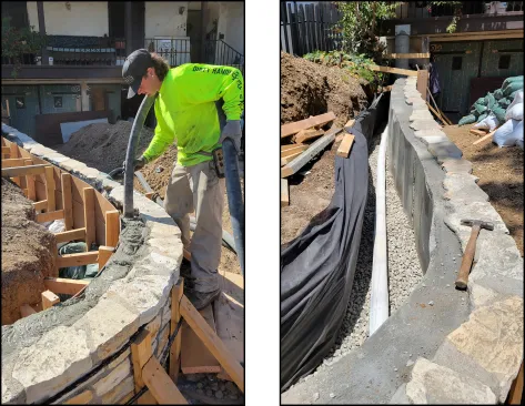 The walls were poured with the 3,000-psi concrete without any blow-outs (left). The top of the wall was finished off to the irregularly shaped capstone. Drainpipe was set on several inches of ¾-inch gravel prior to the excavation being backfilled with gravel and fill (right).