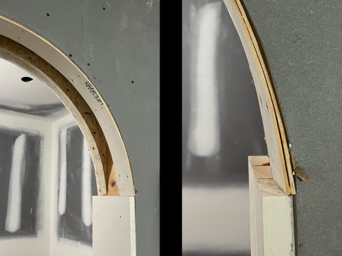 … in this case, the clear pine strips were glued and set in place (left, right).