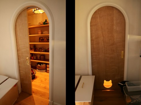 The finish pantry pocket door as seen from the adjacent kitchen (left, right).