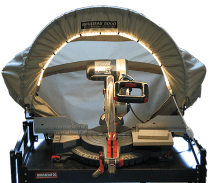 LED-light-wrapped miter-saw shroud, for use on 10-inch units