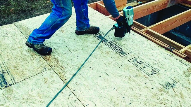 If fastening sheathing with a nail gun, be sure to use ring-shank or twistshank nails.