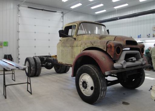 Many trucks come into the fleet in pretty rough shape. This 1955 GMC was originally a residential trash truck, the kind that is open in back and uses a hydraulic ram to compact the trash. Shown here in the early stages of being rebuilt, it will eventually look as good as any truck in the fleet.