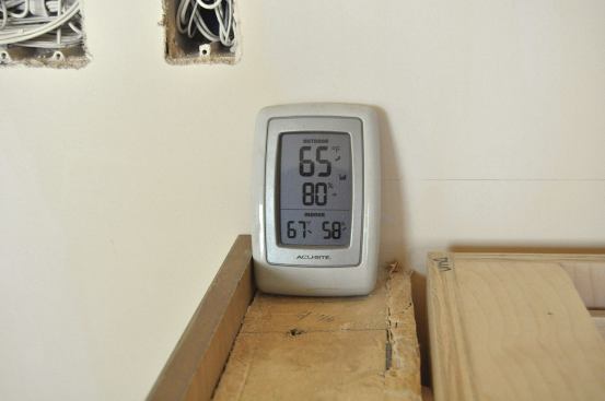 Indoor/outdoor humidity and temperature meters are used to monitor climate conditions.