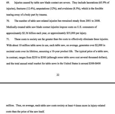 Page 22 of the complaint contains the Consumer Product Safety Commission’s estimate of the annual cost of table saw injuries: $2.36 billion per year. It’s worth noting that this number includes the cost of medical treatment, lost work time, legal and administrative fees, AND the “pain and suffering” that would be awarded if every table saw injury resulted in a lawsuit and the injured party won. More to follow…