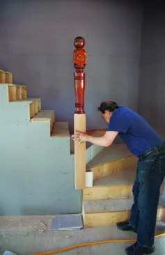 On this project, three salvaged newels were re-used; the largest of the three was installed at a first-floor winder stair.