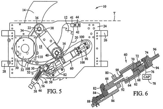 Figure 5 shows the position of the blade and arbor (16) when fully retracted. Note how the arm (18) that the arbor is attached to has pivoted away from the table and carried the blade with it.