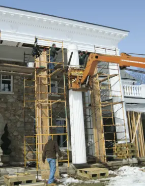 The author's firm had been hired to replace the bases of six 100+-year-old wood columns; engineer's inspections had indicated that the upper portions of the columns were sound, and there were other good reasons not to disconnect them from the roof structure entirely. As it turned out, much more was needed.