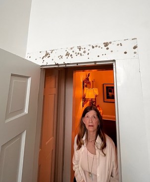 Dark stains above a door signal poor ventilation in a bathroom. The growth is concentrated over the door because the HVAC return in the hallway pulls air though the closed door when occupants are showering. 