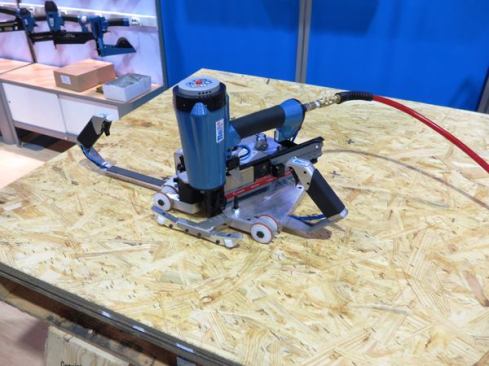 This insane gizmo was being demonstrated at the BeA booth. It’s called the Skater, and it’s an automatic stapler used to fasten subfloor in RVs and manufactured housing. Roll it along the material being fastened and it drives staples at the spacing you choose (a wheel gauges the distance rolled and fires at the correct spacing). I saw the thing in action: It was the nail gun equivalent of a machine gun. It drove staples that fast.
Click here for the manufacturer’s video of how the thing works. Don’t even think about buying one of these unless you have $5,000+ to spend.