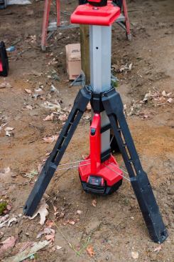 The battery acts as a counterbalance, keeping the stand from tipping easily. Legs extend into a triangle 26” on each side so the unit tucks easily into corners.