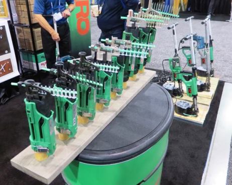 I saw these auto-feed attachments at the Muro booth and photographed them because they looked cool. There was a sample board at the back of the booth that showed the incredible variety of fasteners these things will drive. I had no idea there were that many types of collated screws.