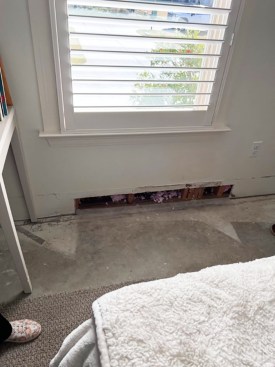 The leaks that rusted the fastener in the previous photo was caused by water leaking under the bottom wall plate. The cause was likely due to poor flashing of the wall recess below the window.
