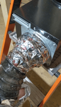Using insulated duct is important to help prevent condensation from forming inside the duct, where it may collect or drip into a room through the fan body. To connect insulated flex duct, the author  first secures the inner plastic sleeve with a high-quality foil tape ...