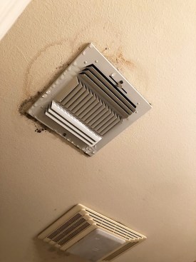 There are two problems with this bath fan: The ceiling stains are from air leaks that are depositing high humidity and condensation on the outside of the fan housing. In addition, condensation from inside the ducts is dripping though the grille.