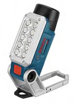 I’d seen a press release for this Bosch LED work light (FL12); it was nice to finally see it in person. It’s a small hands-free light that takes 12-volt max batteries. The light stands upright on a pivoting base, can be attached to a 1/4-20 tripod mount, and hung any number of ways from a nail hook or carabiner loop. A built-in magnet allows it to be attached to ferrous metal. The light produces 330 lumens of illumination, which is about what you’d expect from a light this size. It will run for about 6 hours on high with a 2.0 Ah battery and sells for about $59.
