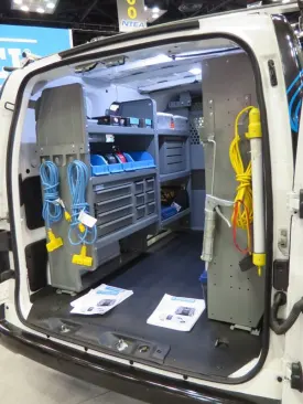 Adrian Steel makes any number of interior packages for outfitting cargo vans. This is the General Service Interior for the Chevrolet City Express, a cargo van about the size of a long wheelbase Ford Transit Connect (there’s a package for that too). It includes a steel partition, shelving, drawers, removable bins, hanging hooks, a locking door kit, and a ladder rack for the top of the van.
