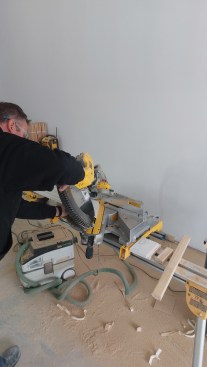 With the saw set at a 33.9 degree bevel and 31.6 on the table, we can cut crown on the flat. 