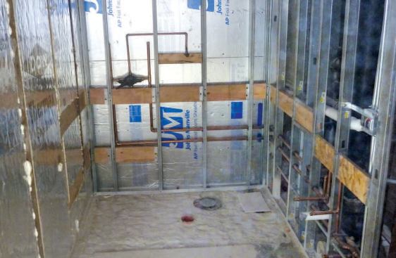 Plenty of blocking was needed to easily position and install grab bars, a fold-down shower seat, and other accessories.