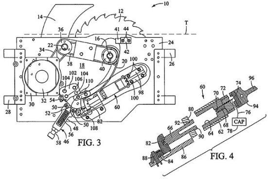 Figure 3 shows the blade as it begins to retract after the cartridge is fired. Figure 4 shows the firing mechanism (60) at the same point in time: The gas generated the cartridge (68) has forced the cylinder (66) out of the bore (64) and driven the hammer (82) into an anvil (102 fig 3) that is a connected to a curved arm (20). The arm is connected to the saw’s arbor and is beginning to pull it below the table.