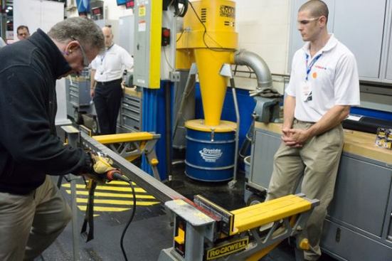 In this area of the plant hole saws and recip blades are tested on a variety of materials—and against competitors’ products. The fellow in the dark jacket was on the tour with me and is using a hole saw to drill a piece of stainless steel.