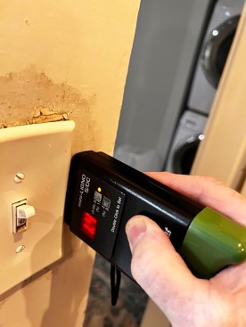 Similarly, humid air leaking into the wall condensed near a switch has led to elvated moisture and wall damage.