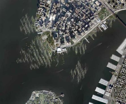 The On the Water/Palisade Bay project places barrier islands to protect the city from incoming storms