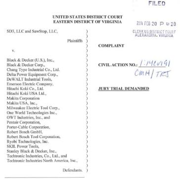 The defendants listed on the first page of the complaint are a who’s who of power tool makers that sell table saws in the U.S. Chang Type Industrial owns Delta, having purchased it from SB&D in 2011. Emerson Electric is listed because it owns the Ridgid brand. It’s unclear why Milwaukee is there; it doesn’t even make table saws. Pentair, which sold its power tool business (Porter-Cable and Delta) to Black & Decker in 2004, has been released from the suit by the judge. Techtronic (TTi) is on the list because it owns Ryobi (and also Milwaukee).