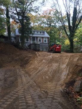 The first site-work task is clearing trees and undergrowth and creating a path to the house for the demolition and waste-removal crews.
