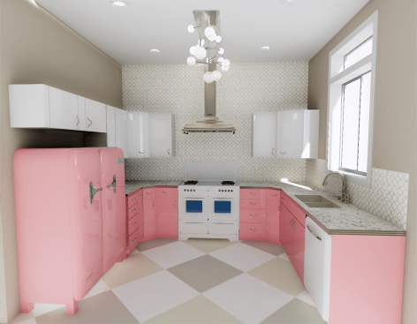 A rendering of the "tickle-me-pink" kitchen.