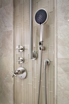 The threshold isn’t the only thing to think about in the shower: Glickman notes that it’s important to include a handheld shower and consider the position and accessibility of the controls.