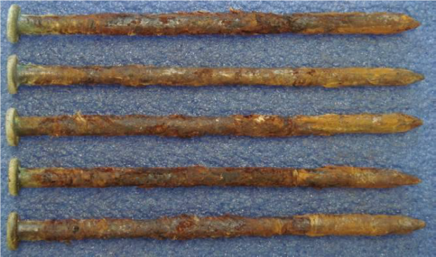 But note the severe formation of iron-rich red rust on the shafts of the nails. These are HDG nails that were embedded in ACQ-treated timbers at the inland study site at Judgeford for three years.
