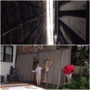 In a city, working closely do the neighbors doesn't always mean working on top of their home; sometimes it means working closely next to them. Case and her team had just six-inches of space in which to install new siding for their project (top image), so they attached it to a large panel and affixed the panel to the home (bottom image).