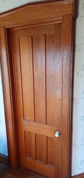 Door and trim from a house built in Franklin, NY, circa 1855. At this time, Chestnut was plentiful, and the wood was used virtually everywhere in the house: as sheathing, plaster lath, interior wall panels, doors, and trim.