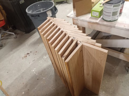 Each tread and riser pair was cut, glued, and pocket-screwed together.