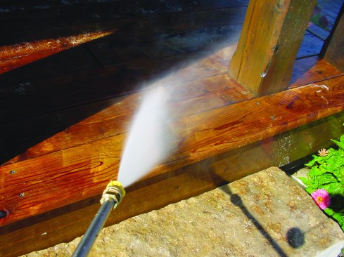 Pressure washing is effective at removing dirt and failing finishes.
